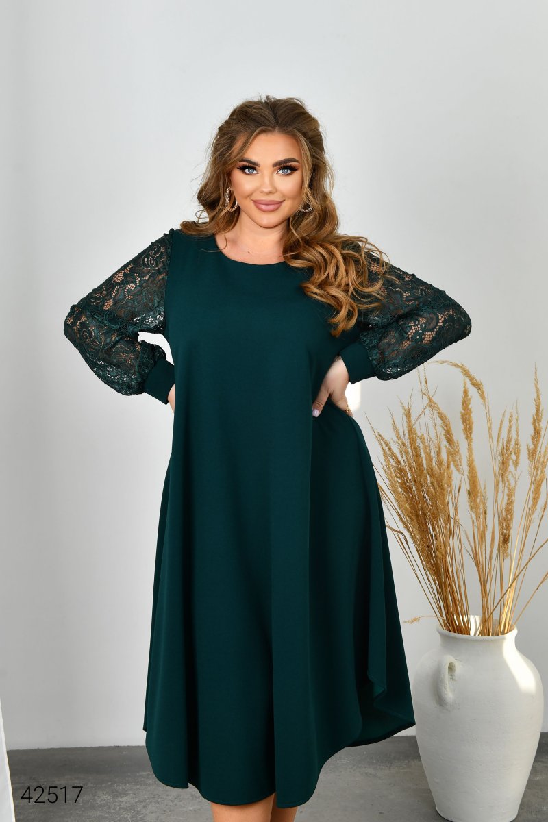 Платье с рукавами из гипюра 42517 зеленый