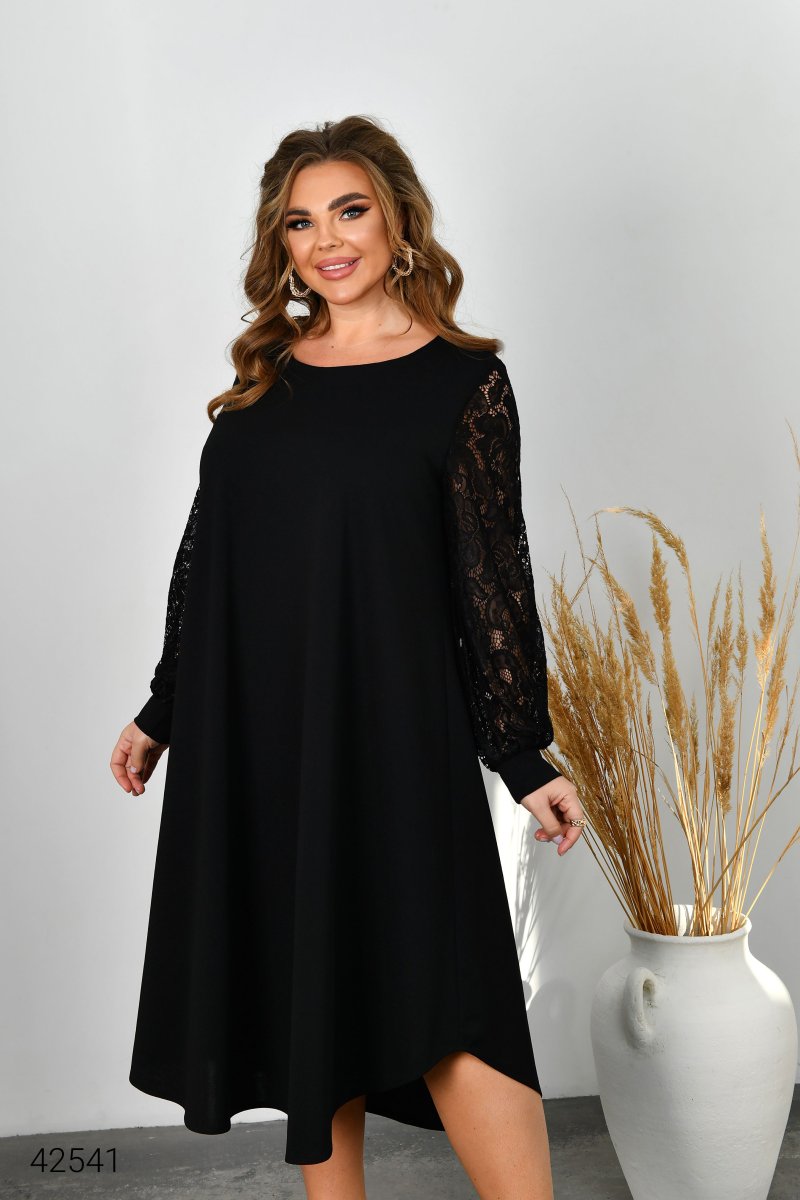 Платье с рукавами из гипюра 42541 черный