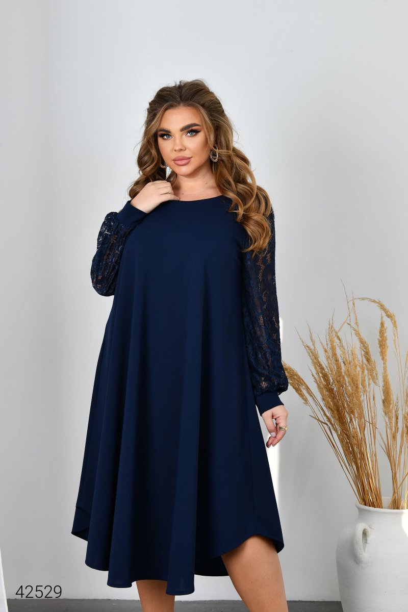 Сукня з рукавами з гіпюру 42529 синій
