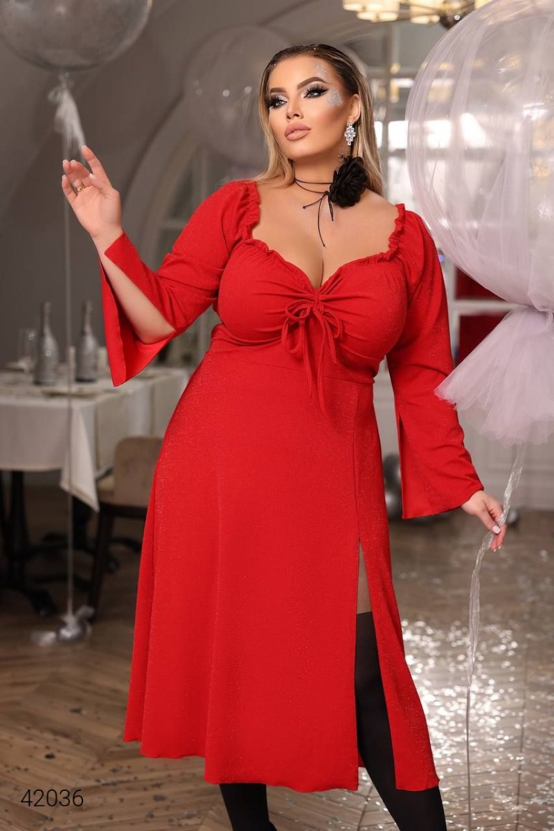 Вечернее платье блестящее с разрезом 42036 красный